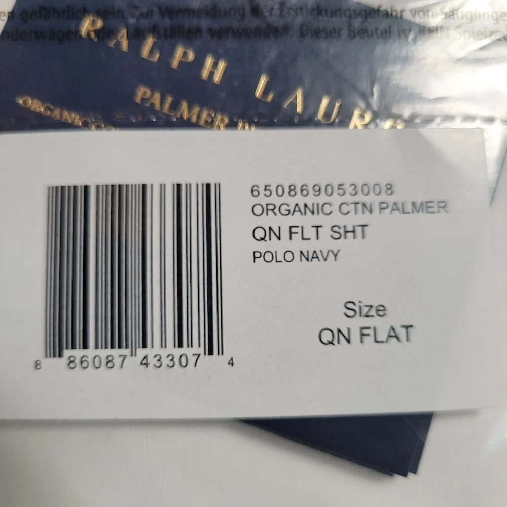 New Ralph Lauren Organic Cotton Palmer Percale Queen Flat Sheet White/ Polo Navy